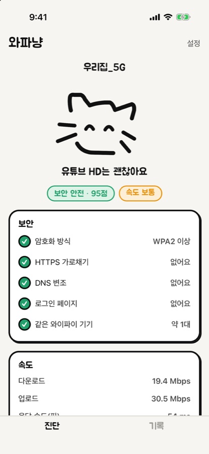 웃는 고양이와 보안 안전 등급, 보안 항목 다섯 개가 보이는 진단 결과 화면